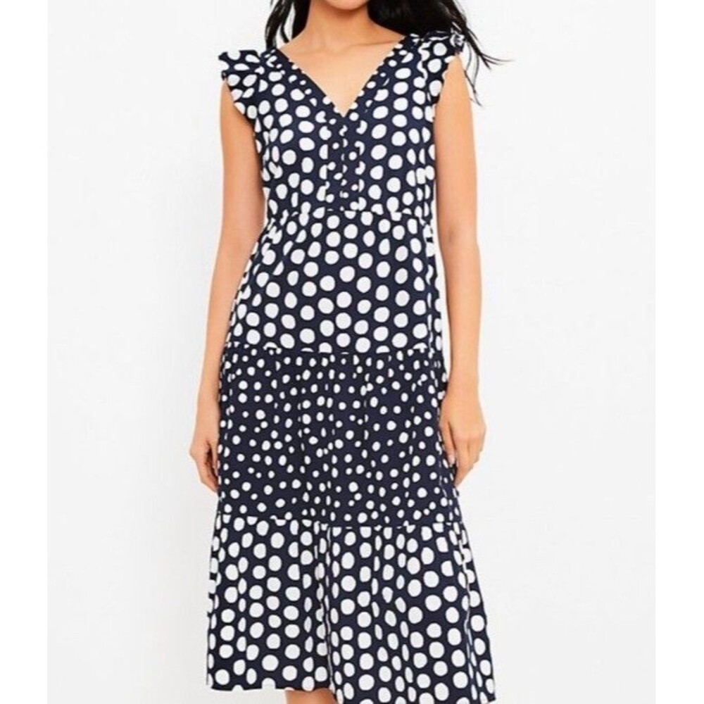 LOFT Navy White Polka Dot Midi Dress Ruffle Sleeve Euro Chic V-Neck S Elegant S